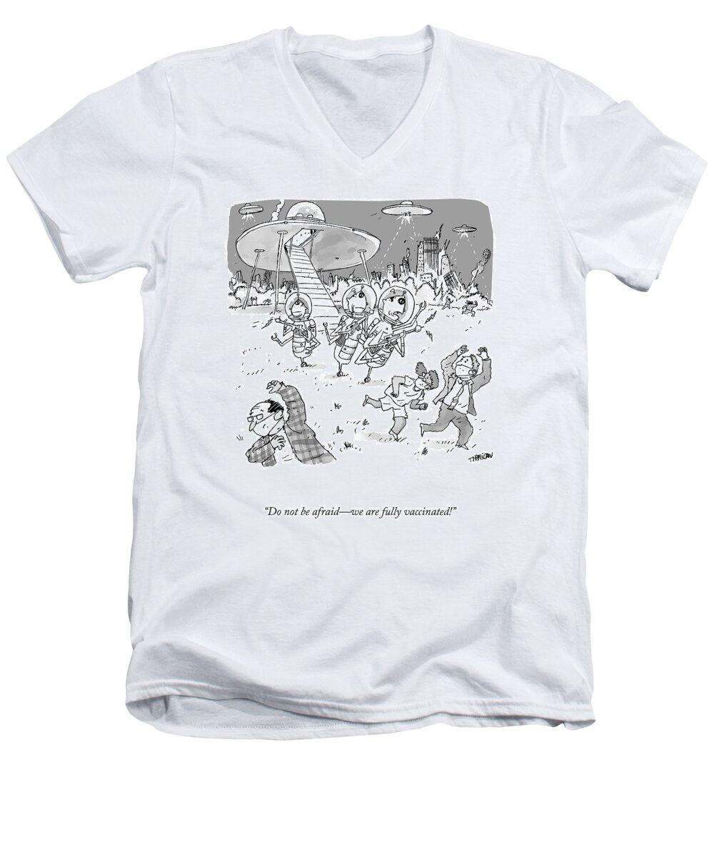 do Not Be Afraidwe Are Fully Vaccinated! Men's V-Neck T-Shirt featuring the drawing Do Not Be Afraid by Tim Hamilton