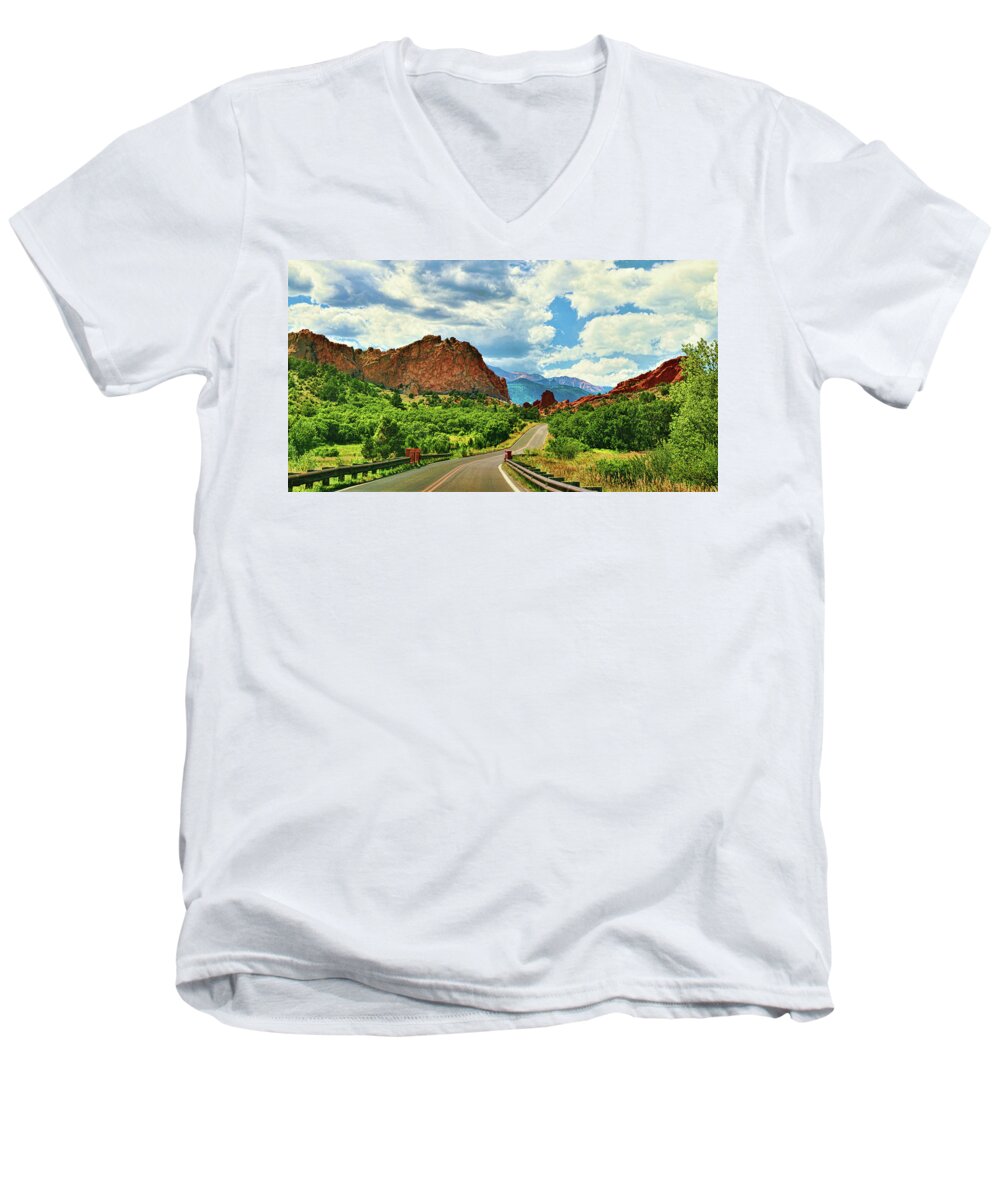 Colorado Men's V-Neck T-Shirt featuring the photograph Driving Through the Garden of the Gods by Ola Allen