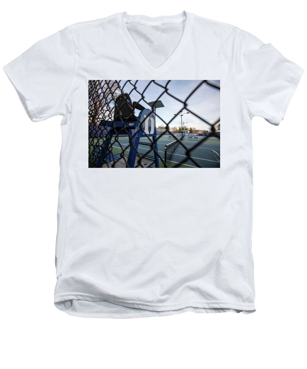 College Men's V-Neck T-Shirt featuring the photograph Duke Tennis Court and Fence by John McGraw
