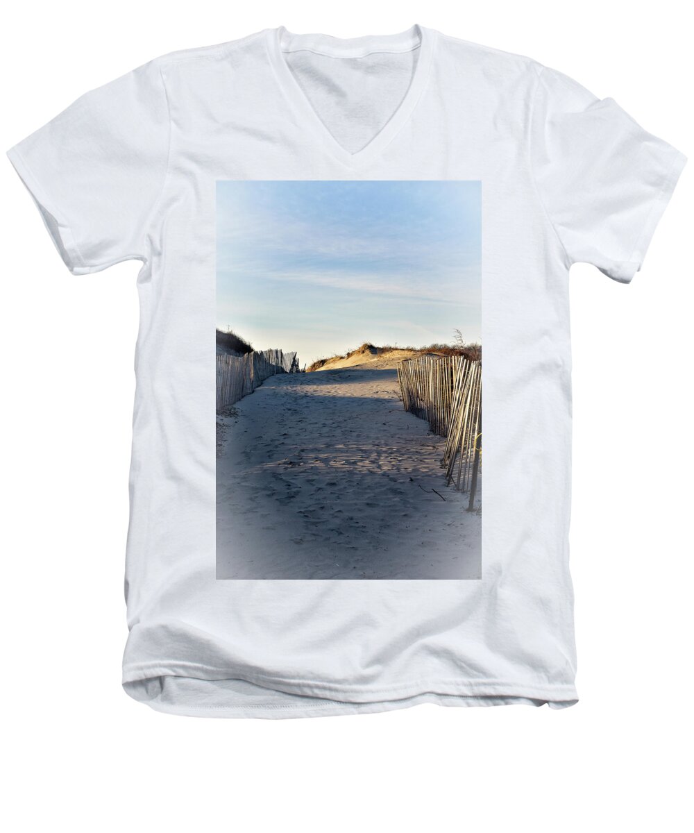 Dunes Men's V-Neck T-Shirt featuring the photograph Dunes, Sand, and Beach Fences by Nancy De Flon