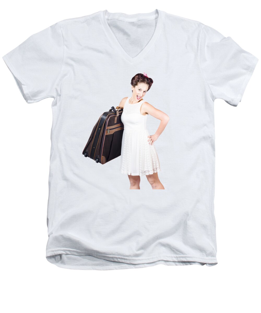 Vacation Men's V-Neck T-Shirt featuring the photograph Excited retro backpacking girl holding baggage by Jorgo Photography