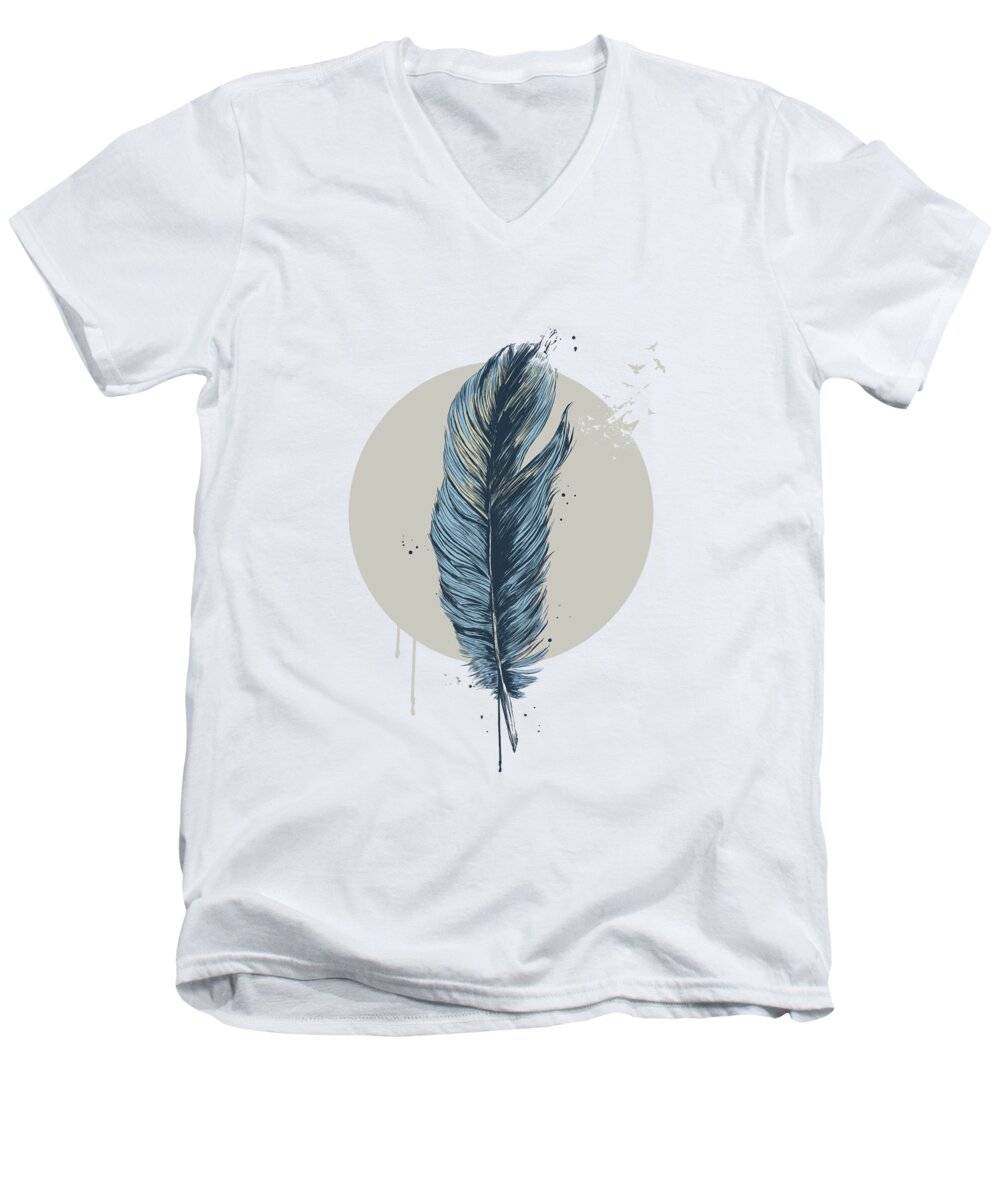 Feather Men's V-Neck T-Shirt featuring the drawing Feather in a circle by Balazs Solti