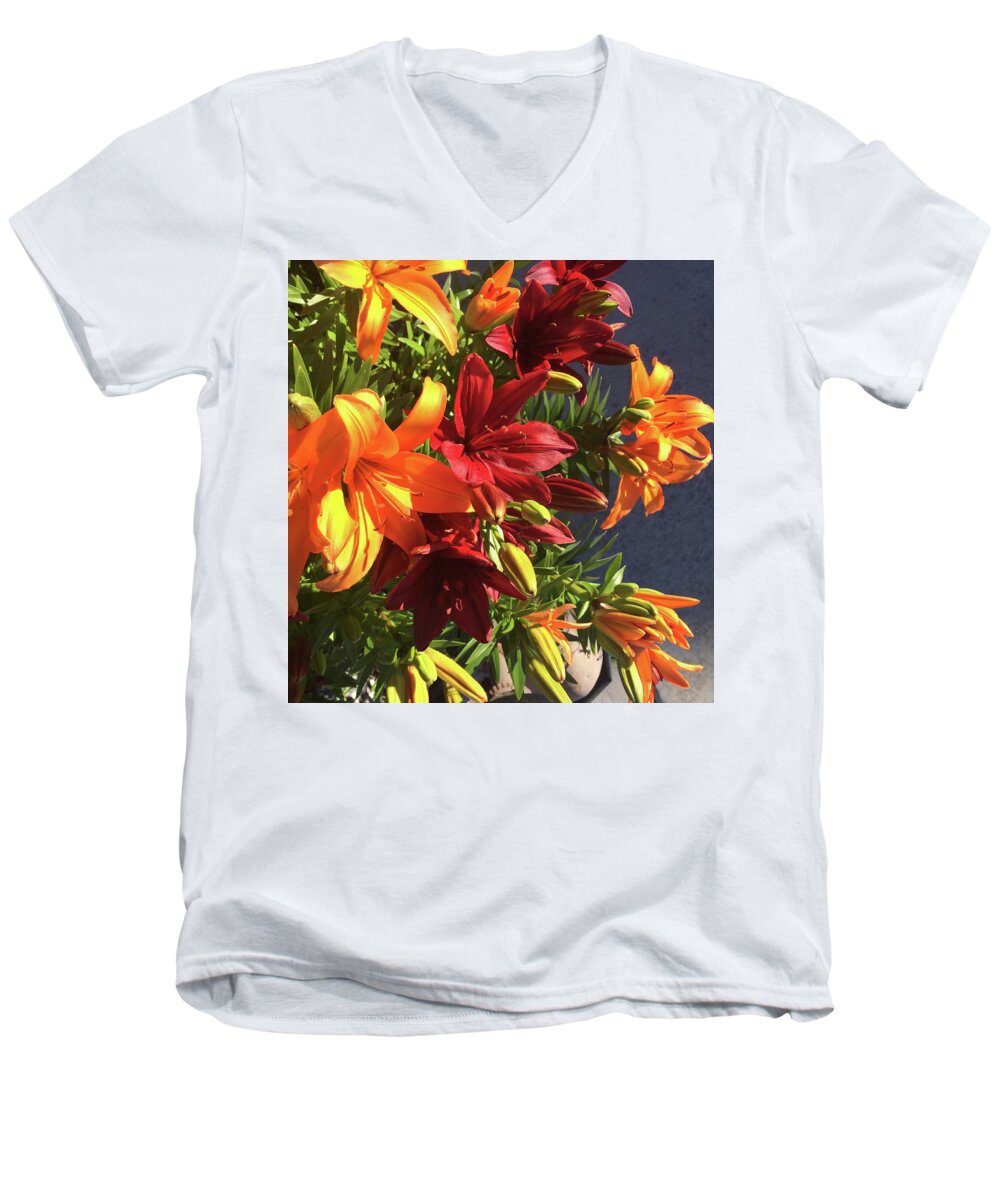 Lilies Men's V-Neck T-Shirt featuring the photograph Fire and Blood Lilies by Nila Jane Autry