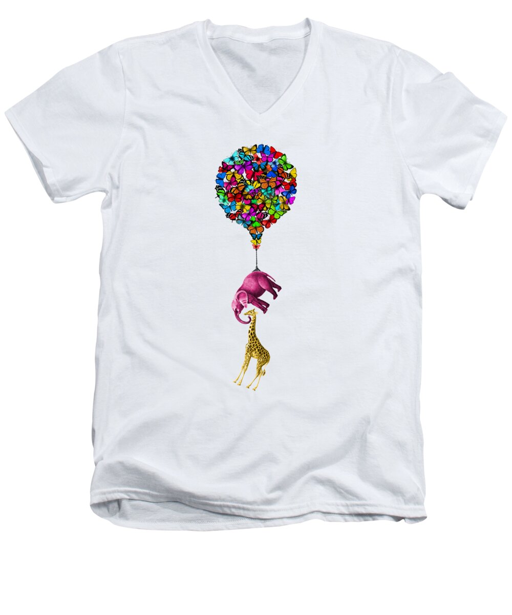 Elephant Men's V-Neck T-Shirt featuring the mixed media Flying Safari Animals by Madame Memento