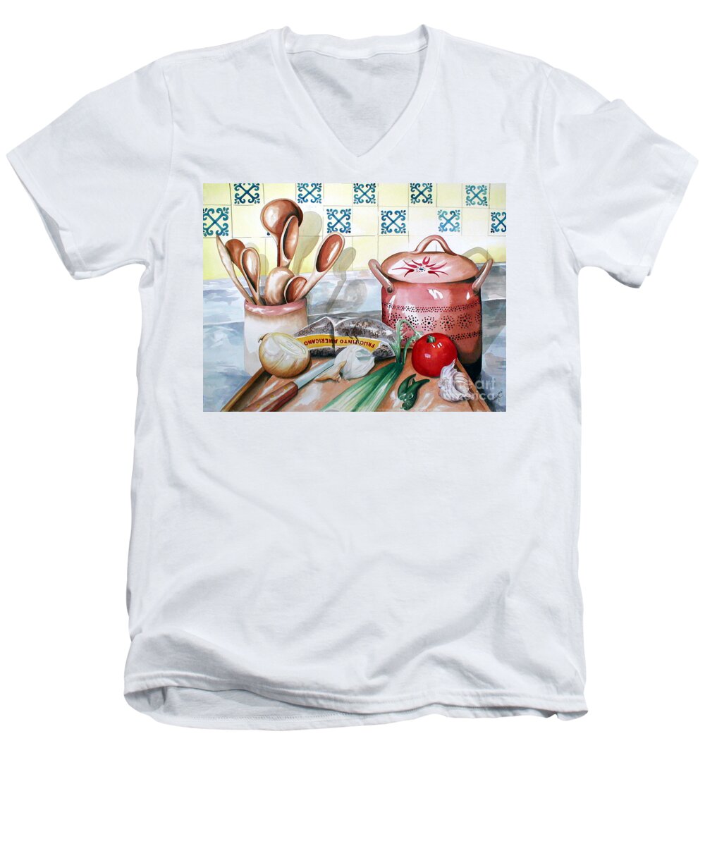 Kitchen Watercolor Painting Men's V-Neck T-Shirt featuring the painting Frijoles Charros by Kandyce Waltensperger