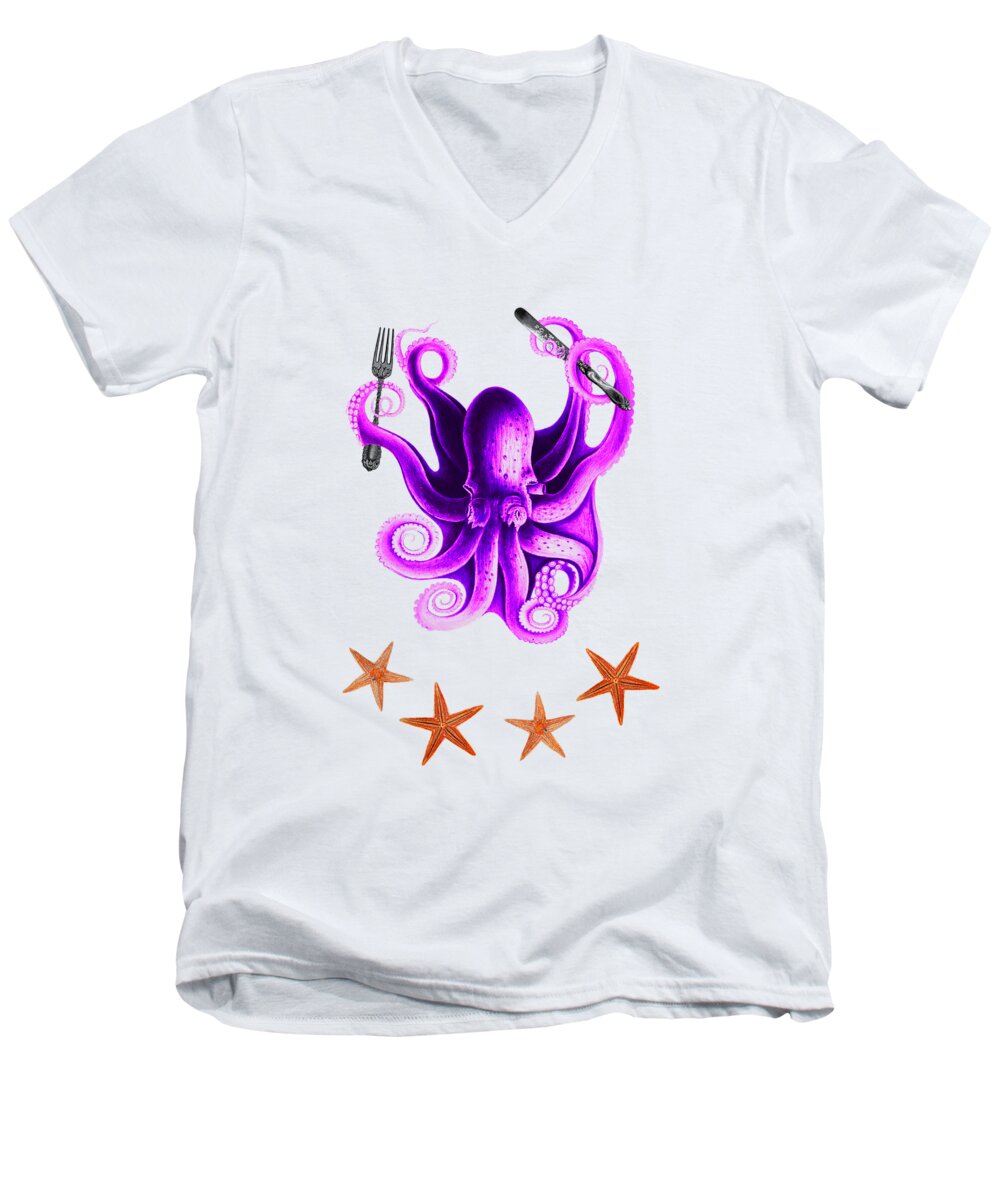 Octopus Men's V-Neck T-Shirt featuring the digital art Funny Octopus Cook by Madame Memento
