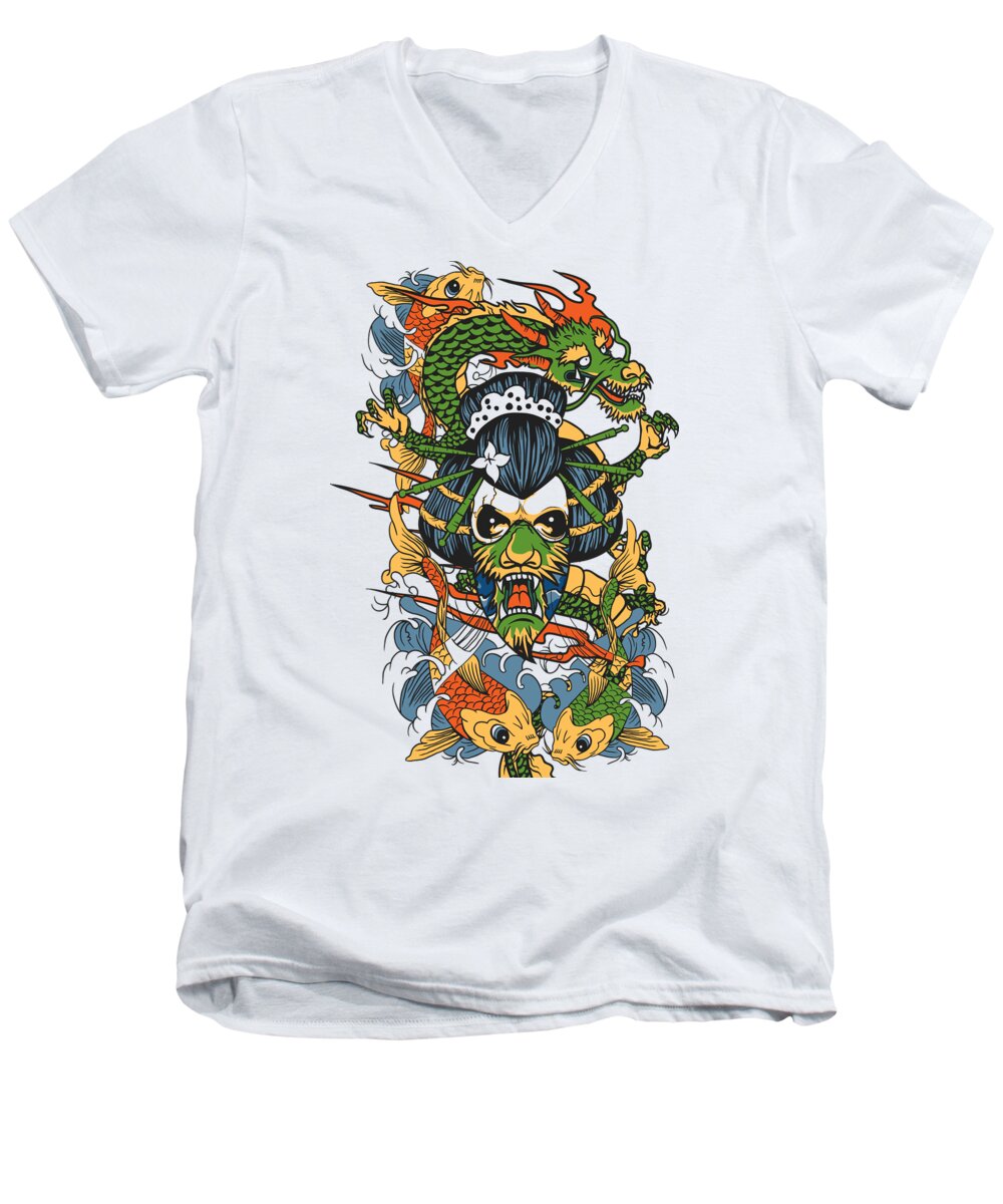 Japanese Men's V-Neck T-Shirt featuring the digital art Geisha Skull Koi Fish Dragon by Jacob Zelazny