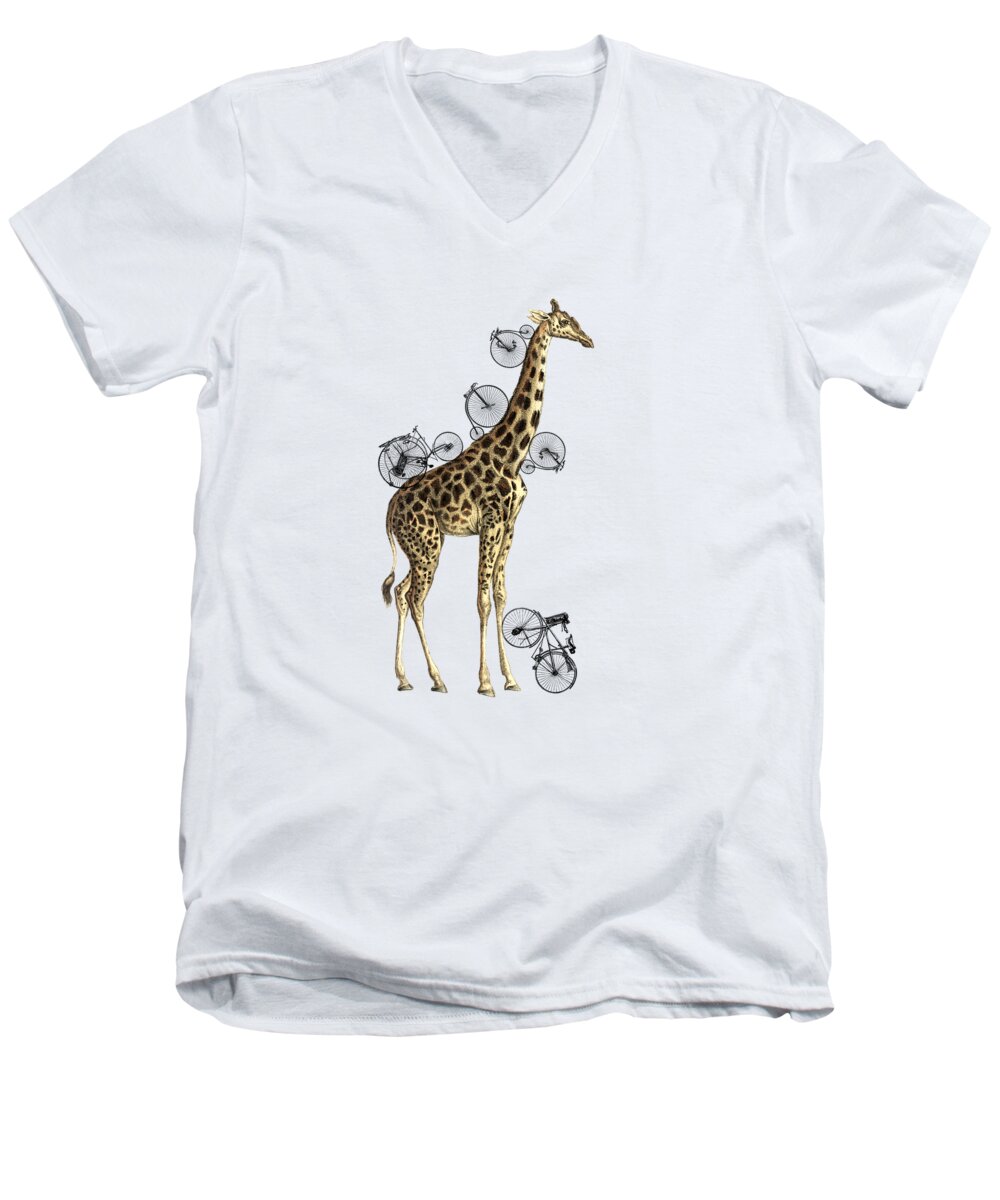 Giraffe Men's V-Neck T-Shirt featuring the digital art Giraffe and bicycles by Madame Memento