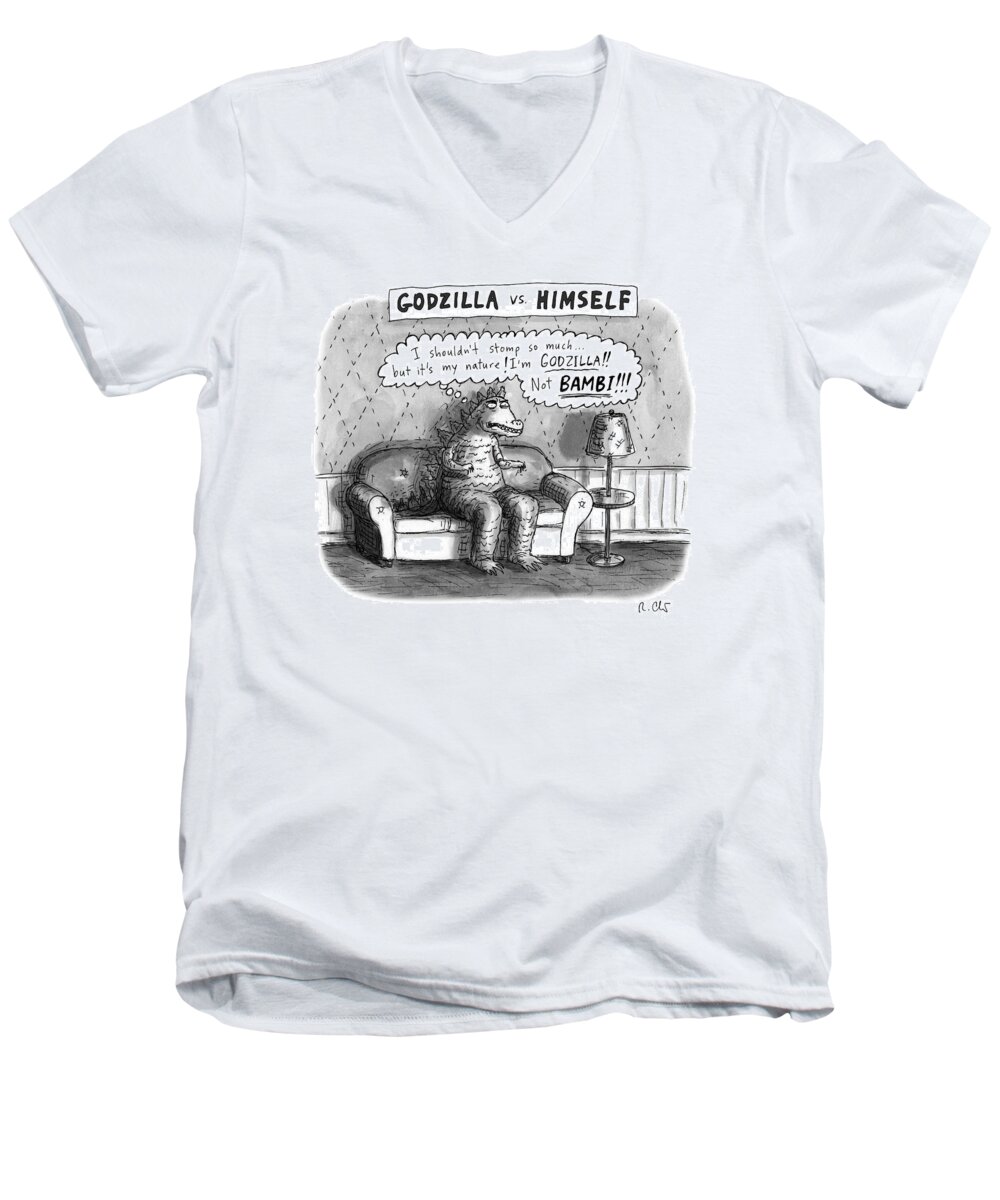 Captionless Men's V-Neck T-Shirt featuring the drawing Godzilla vs. Himself by Roz Chast