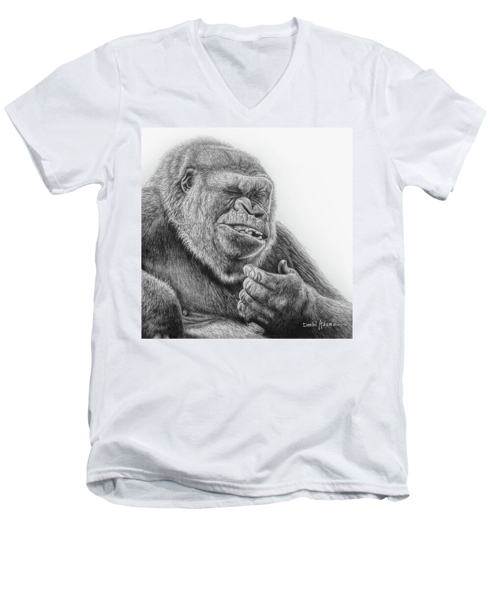 Gorilla Men's V-Neck T-Shirt featuring the drawing Gorilla by Daniel Adams