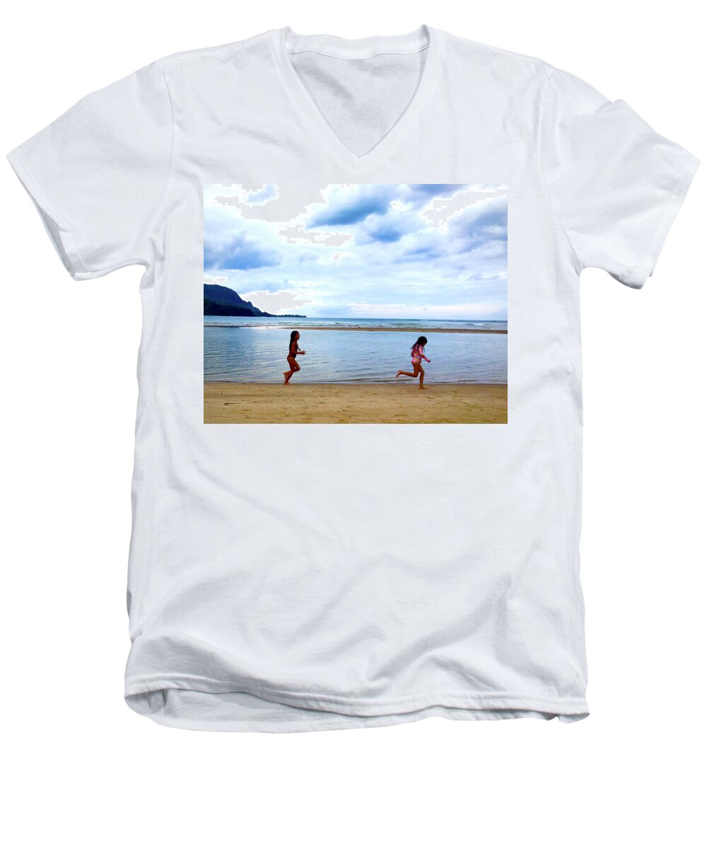 Hanalei Bay Men's V-Neck T-Shirt featuring the photograph Hanalei Bay Girls by Joseph J Stevens