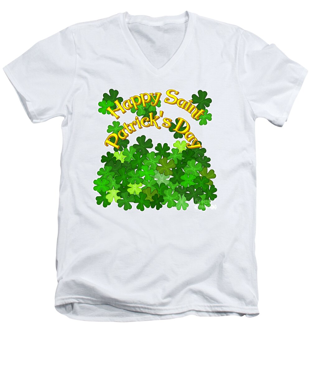 Happy Saint Patrick’s Day Men's V-Neck T-Shirt featuring the photograph Happy Saint Patricks Day with Shamrocks by Colleen Cornelius