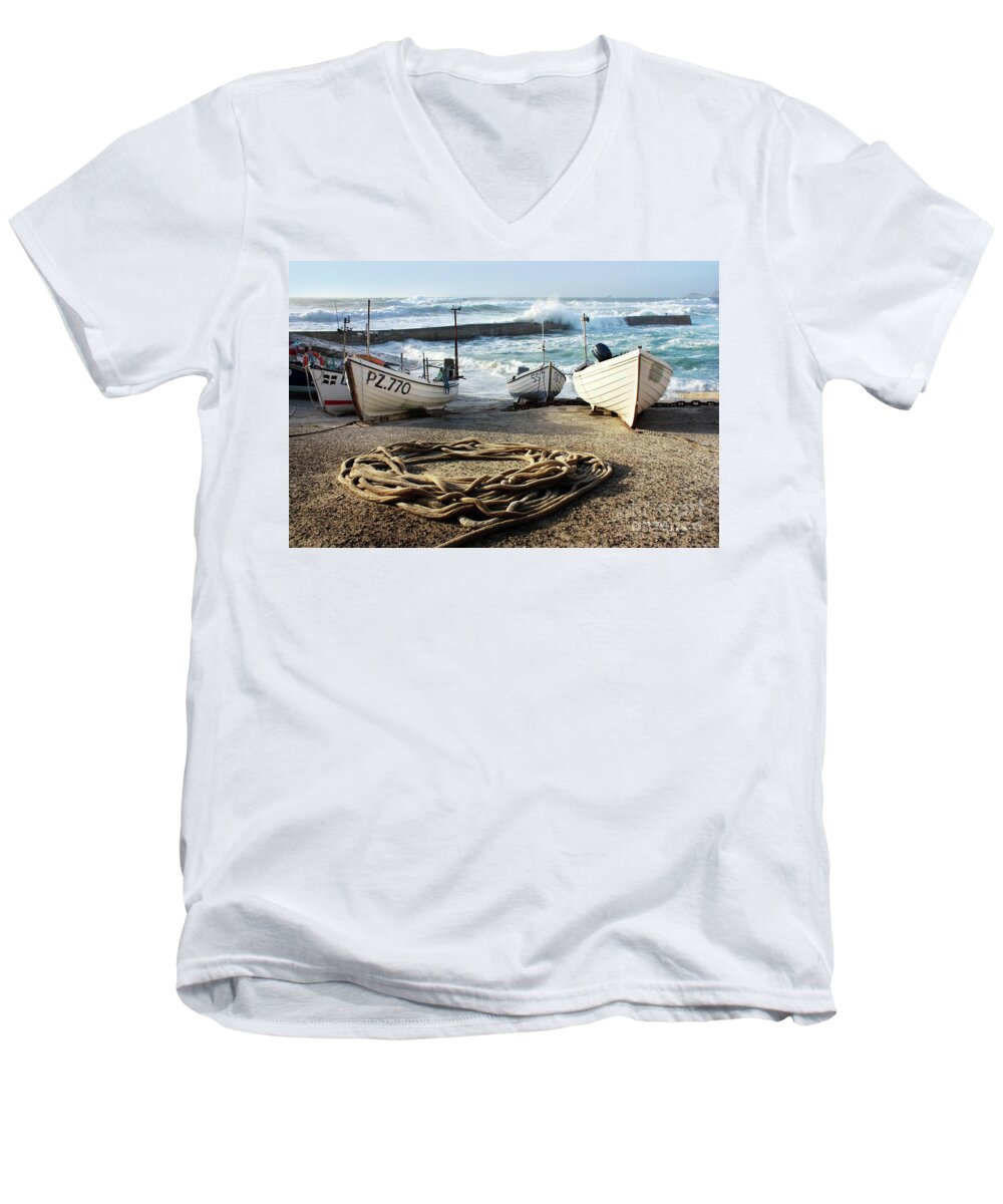 Harbor Men's V-Neck T-Shirt featuring the photograph High Tide in Sennen Cove Cornwall by Terri Waters