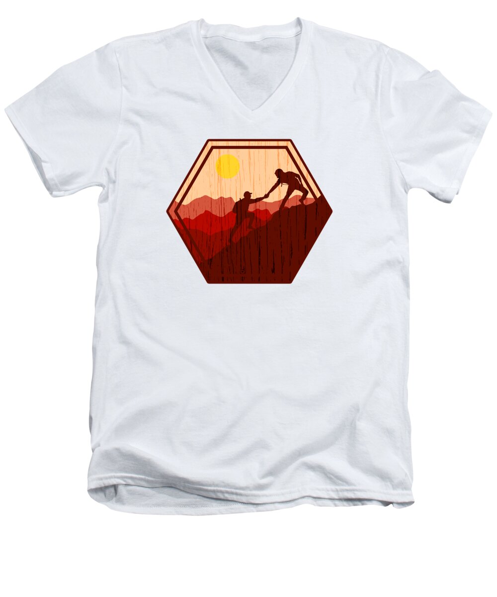 Hiking Men's V-Neck T-Shirt featuring the digital art Hiking Mountain Peak Scenery Beautiful View by Toms Tee Store