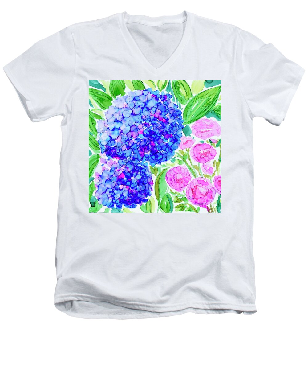 Blue Hydrangea Men's V-Neck T-Shirt featuring the painting Hydrangea Blue by Patty Donoghue