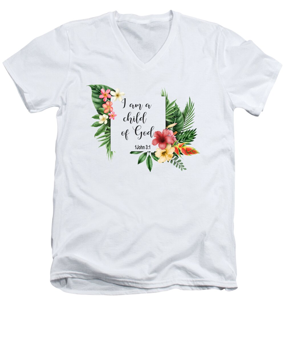 Strelitzia Men's V-Neck T-Shirt featuring the painting I am a child of God Bible Quote Tropical Floral Frame by Georgeta Blanaru