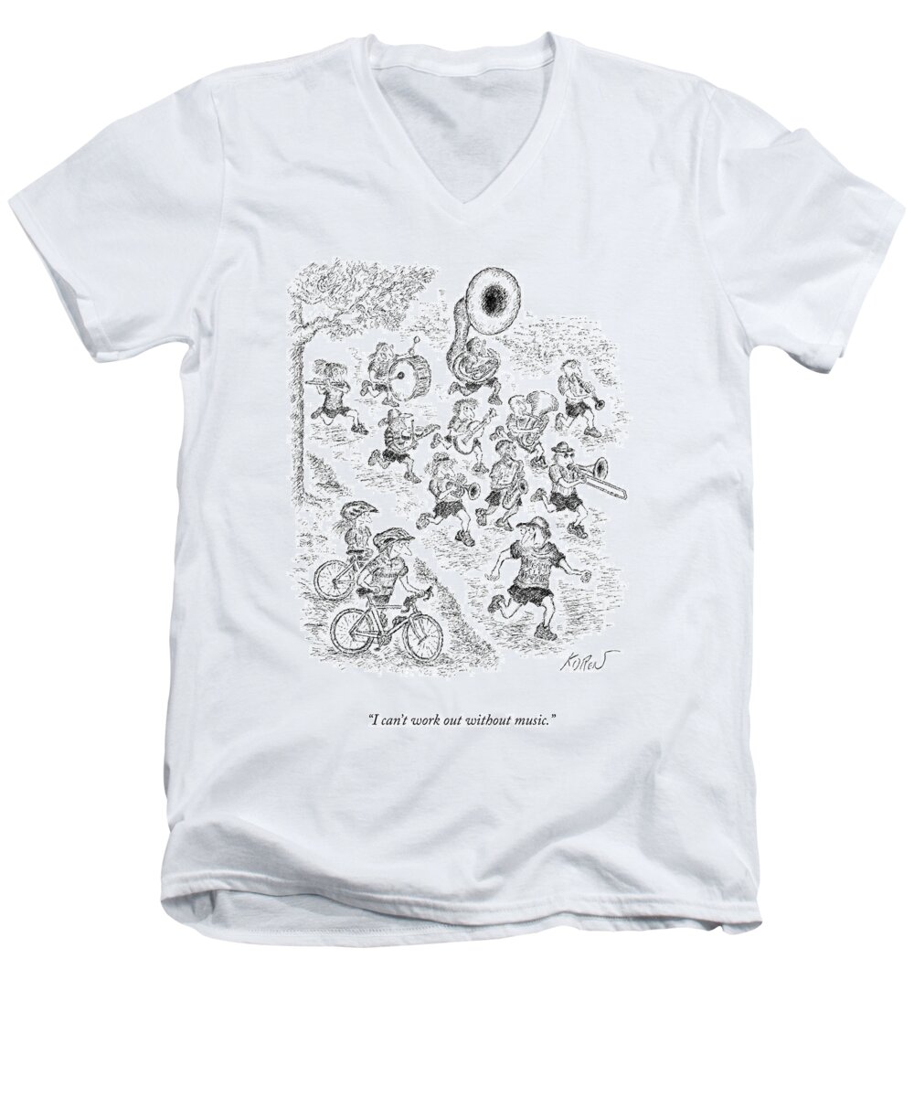 A23777 Men's V-Neck T-Shirt featuring the drawing I Can't Work Out Without Music by Edward Koren