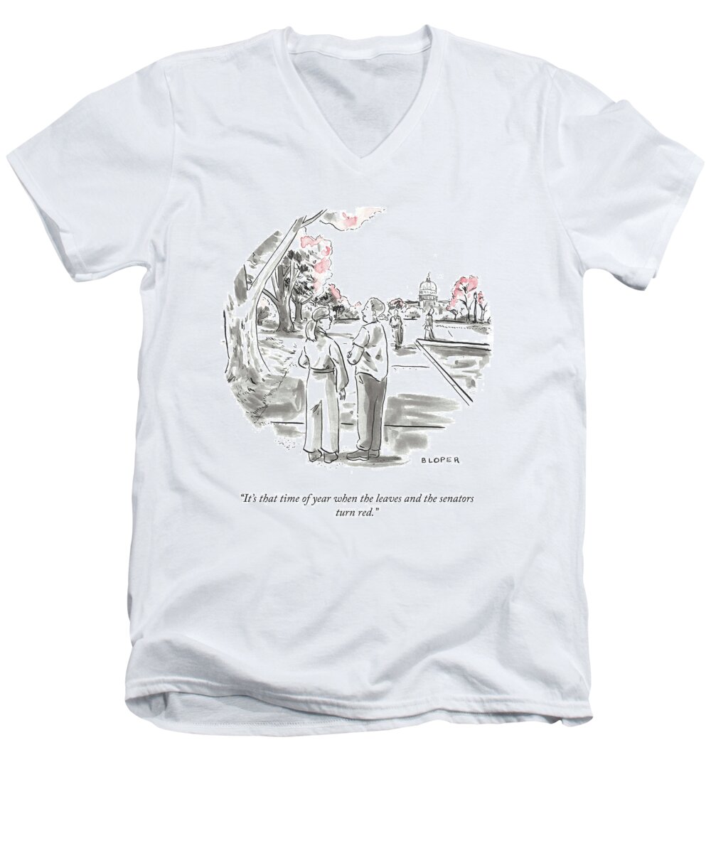 It's That Time Of Year When The Leaves And The Senators Turn Red. Men's V-Neck T-Shirt featuring the drawing It's That Time Of Year by Brendan Loper