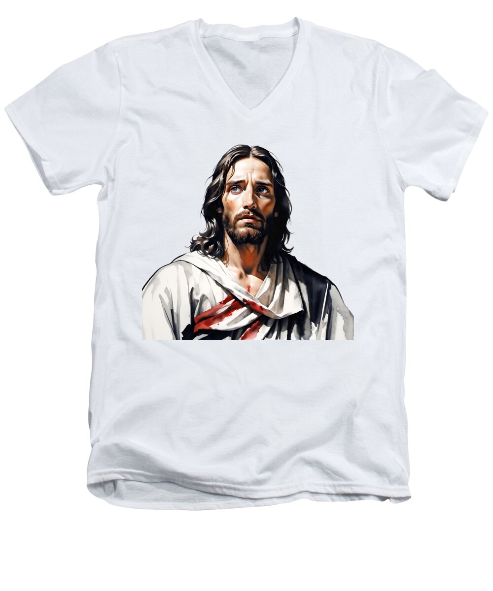 Jesus Men's V-Neck T-Shirt featuring the photograph Jesus Christ Gaze I by Munir Alawi