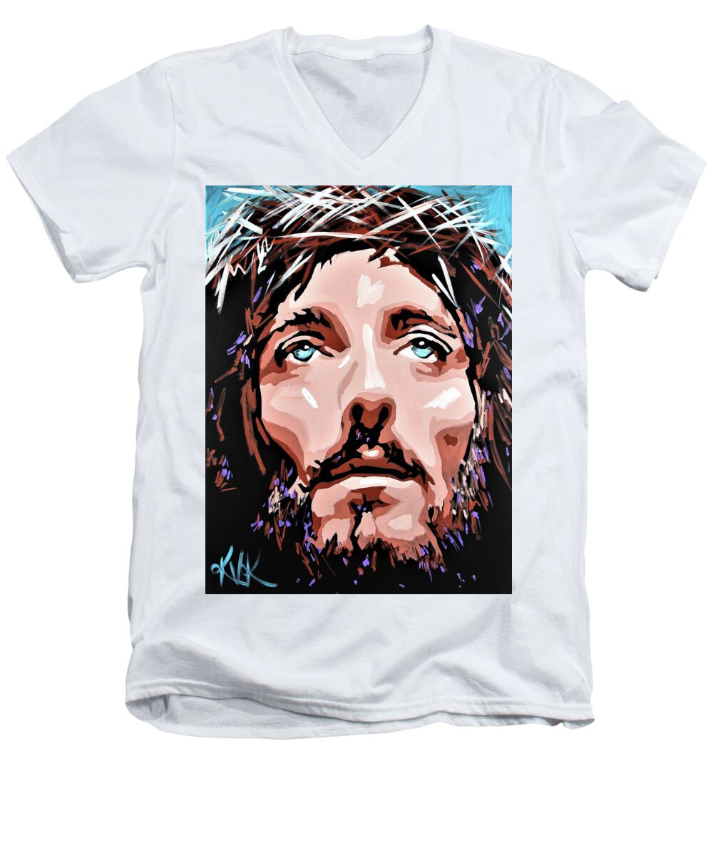 Jesus Men's V-Neck T-Shirt featuring the painting Jesus by Katia Von Kral