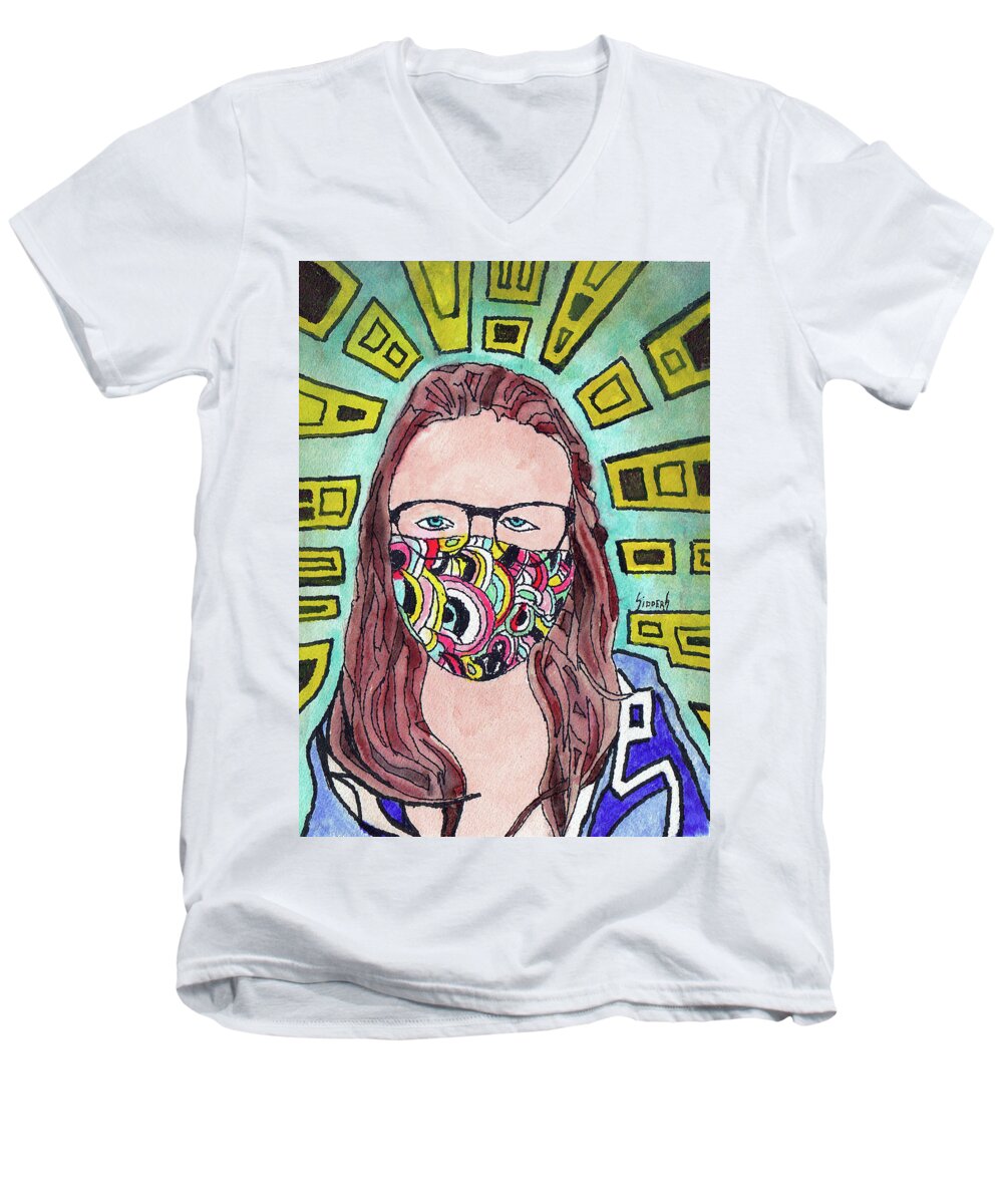 Mask Men's V-Neck T-Shirt featuring the painting Keep Your Distance by Sam Sidders