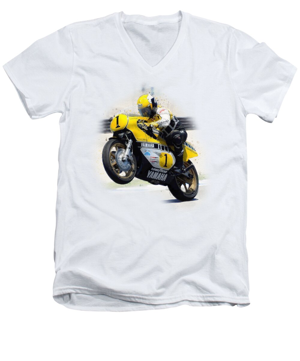 Watercolor Men's V-Neck T-Shirt featuring the digital art Kenny Roberts Racing by Gary Grayson