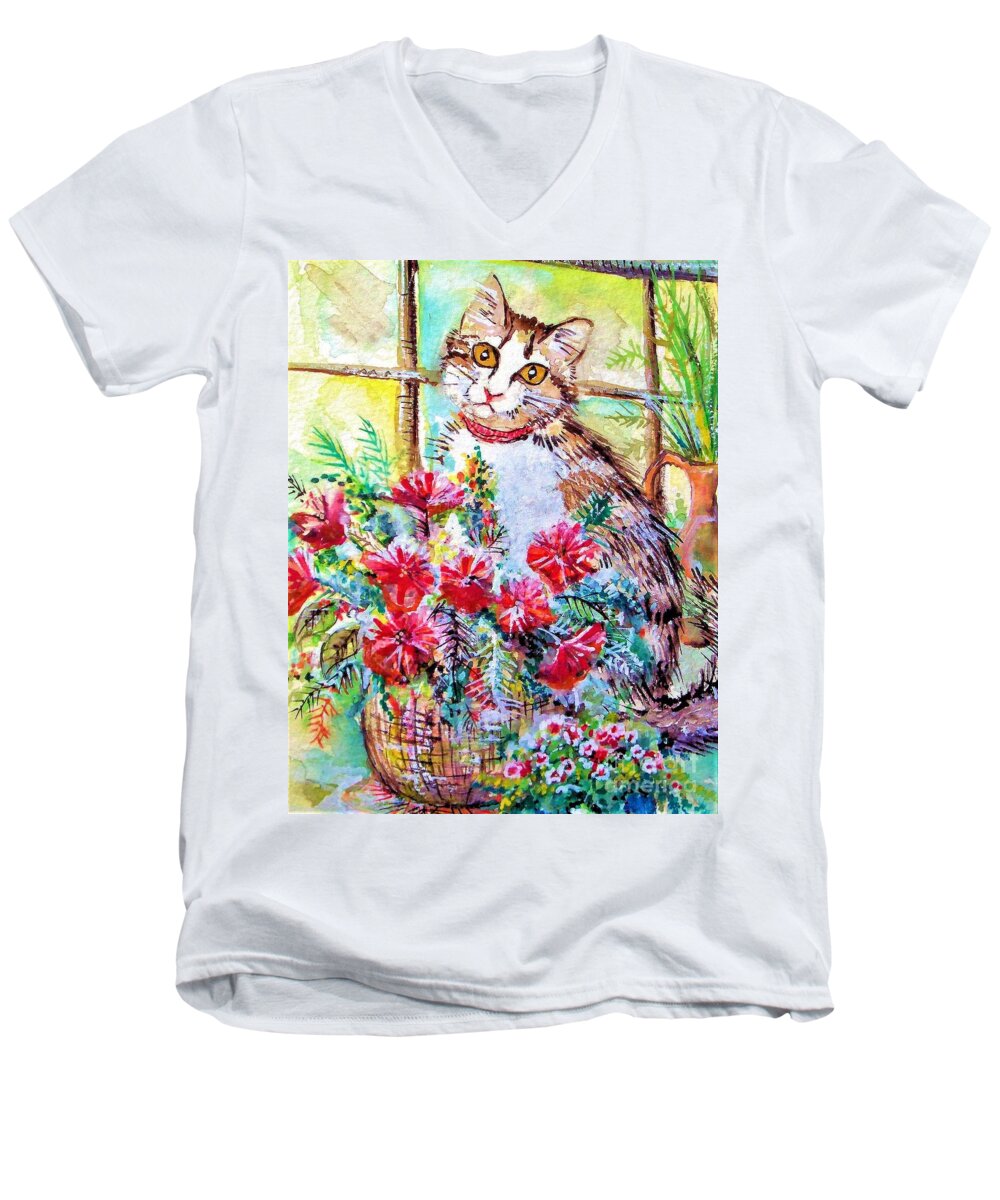 Kitty Men's V-Neck T-Shirt featuring the painting Kitty in the Window by Linda Shackelford