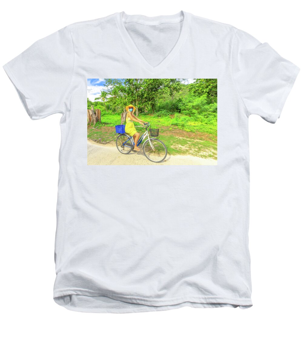 Covid 19 Men's V-Neck T-Shirt featuring the photograph La Digue biking in Covid 19 time by Benny Marty