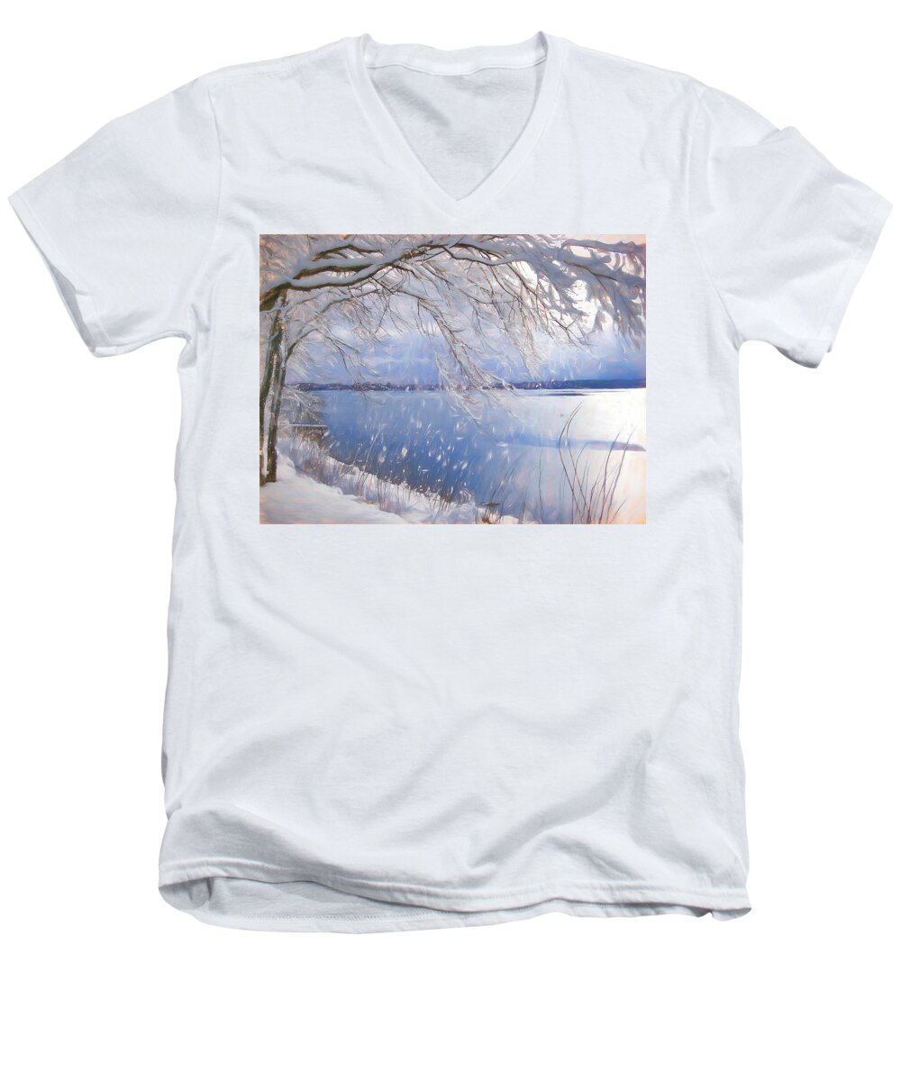  Men's V-Neck T-Shirt featuring the digital art Lake Snow Tree by Cindy Greenstein