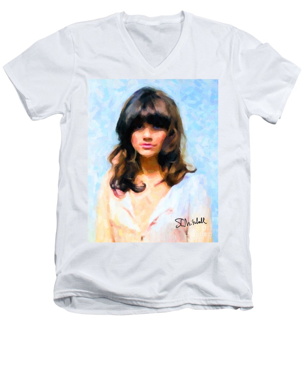 Rock And Roll Men's V-Neck T-Shirt featuring the painting Linda Ronstadt by Steve Mitchell