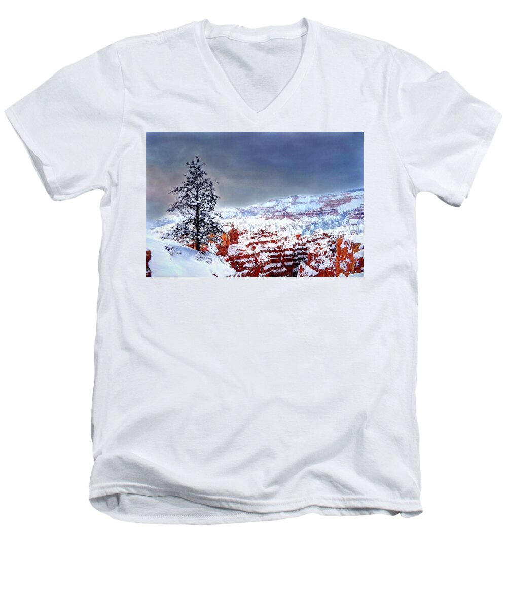Bryce National Park Men's V-Neck T-Shirt featuring the photograph Lone Pine in a Painted Sky - Bryce National Park by Wayne King