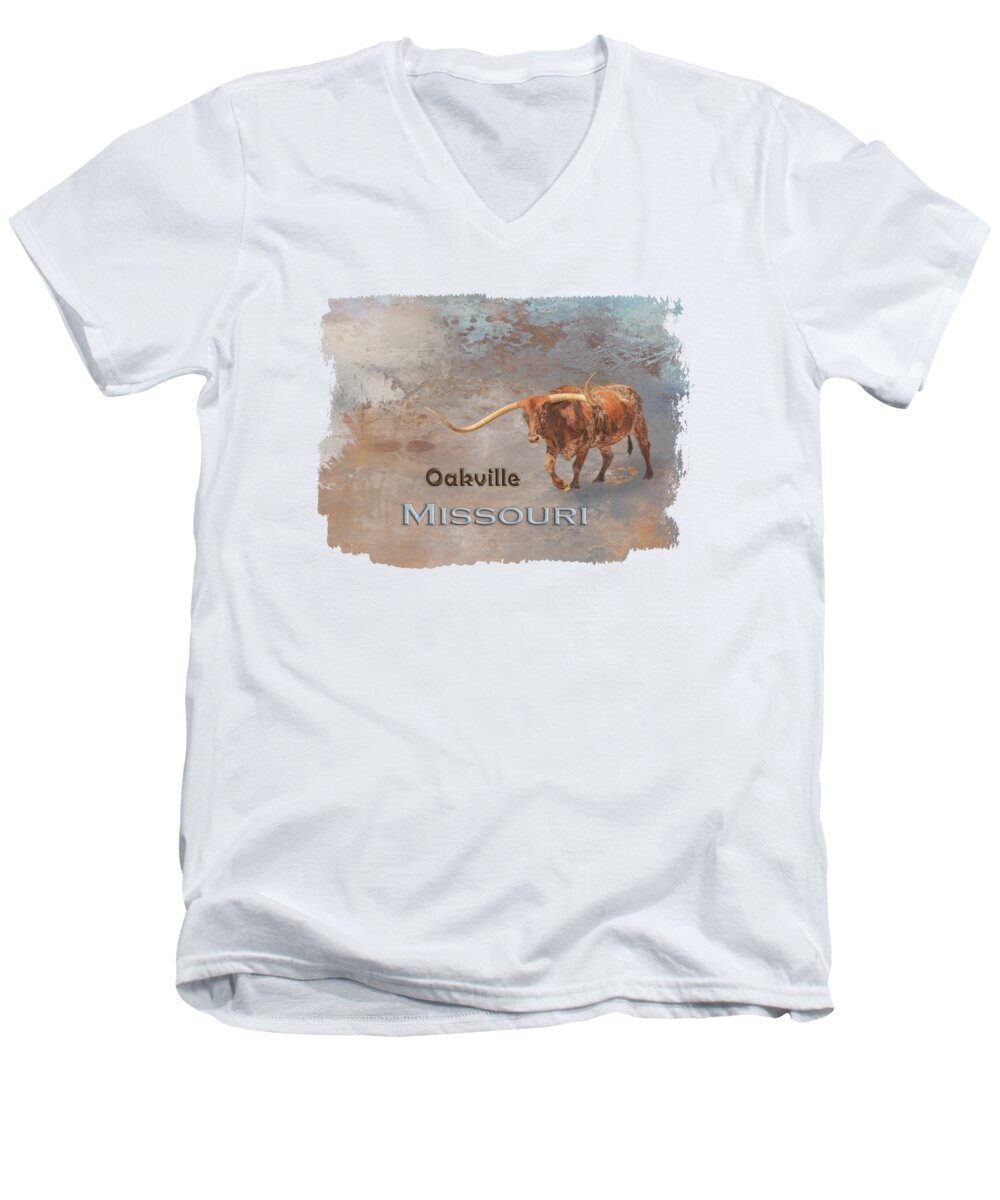 Oakville Men's V-Neck T-Shirt featuring the mixed media Longhorn Bull Oakville MO by Elisabeth Lucas