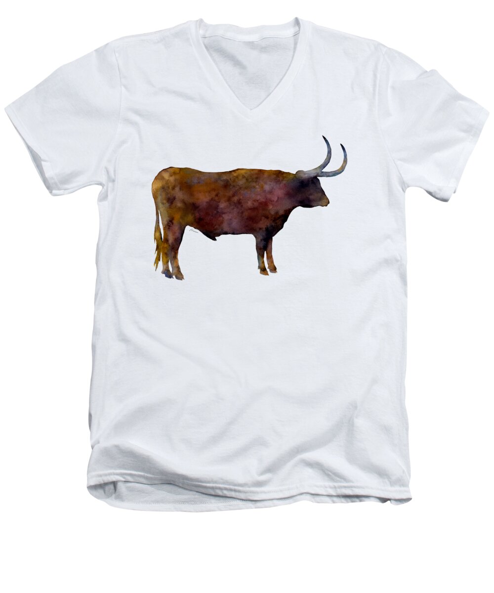 Longhorn Men's V-Neck T-Shirt featuring the painting Longhorn by Hailey E Herrera
