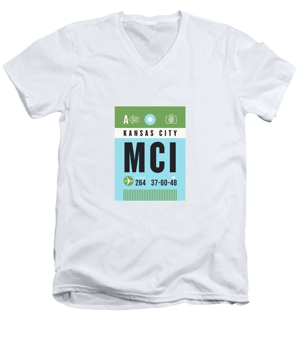 Airline Men's V-Neck T-Shirt featuring the digital art Luggage Tag A - MCI Kansas City USA by Organic Synthesis