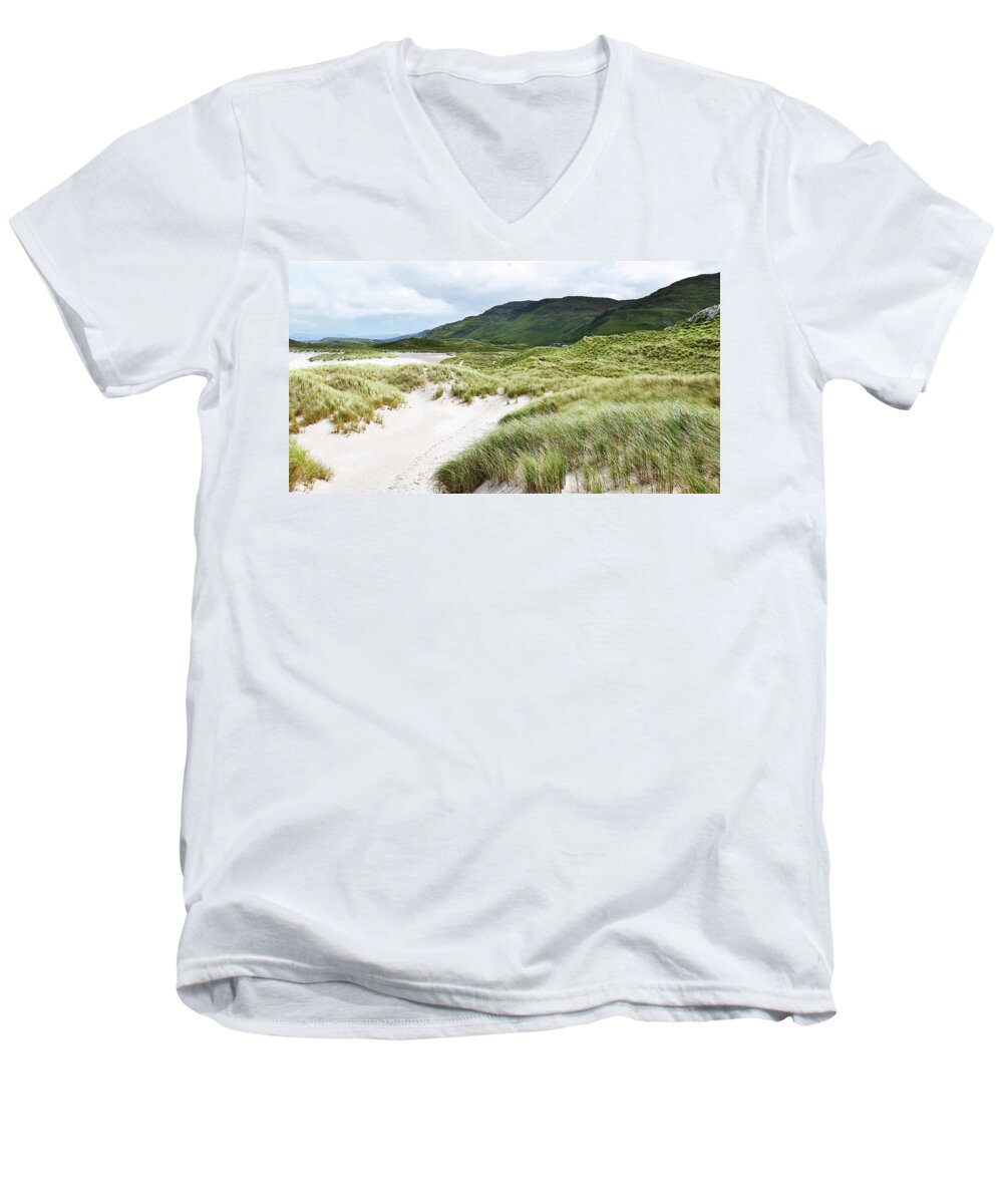Beaches Of The World By Lexa Harpell Men's V-Neck T-Shirt featuring the photograph Maghera Beach Sand Dunes Ireland by Lexa Harpell