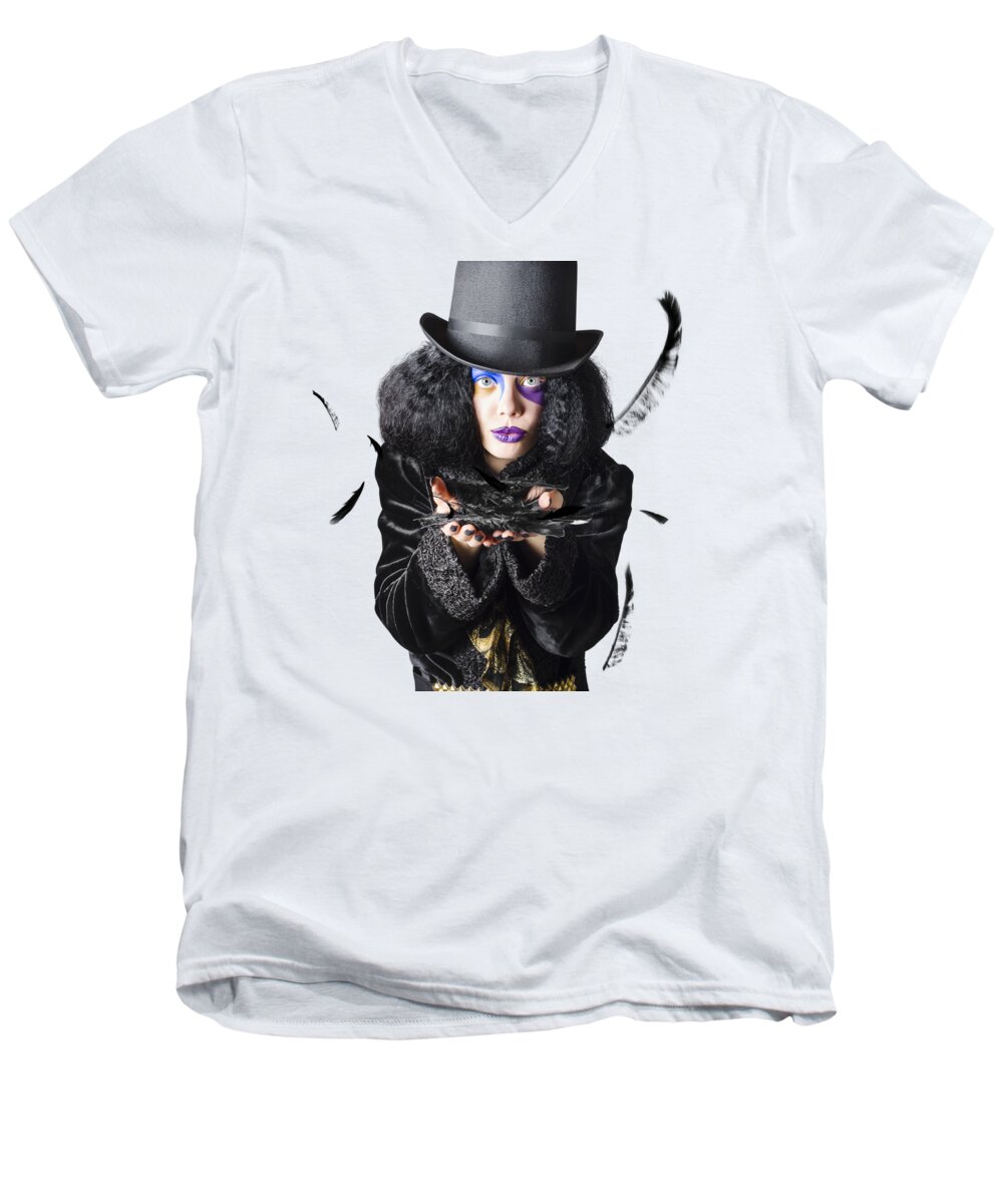 Magician Men's V-Neck T-Shirt featuring the photograph Magician blowing feathers by Jorgo Photography