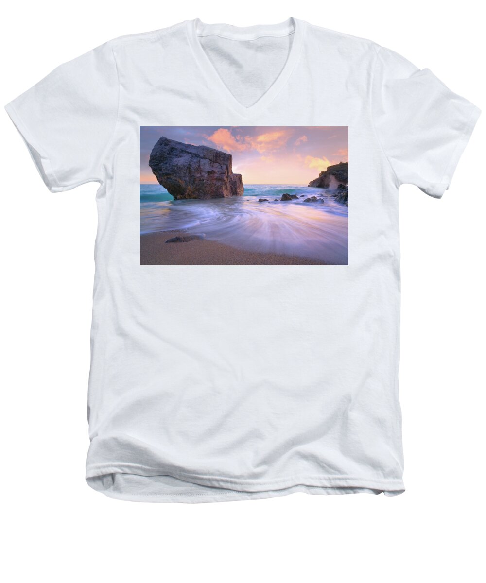 Tranquil Seascape Men's V-Neck T-Shirt featuring the photograph Malpasso beach Coastal wall decor by Giovanni Allievi