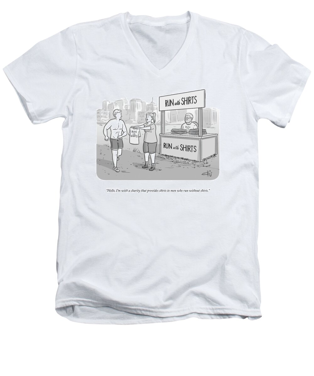 hello Men's V-Neck T-Shirt featuring the drawing Men Who Run Without Shirts by Ellis Rosen