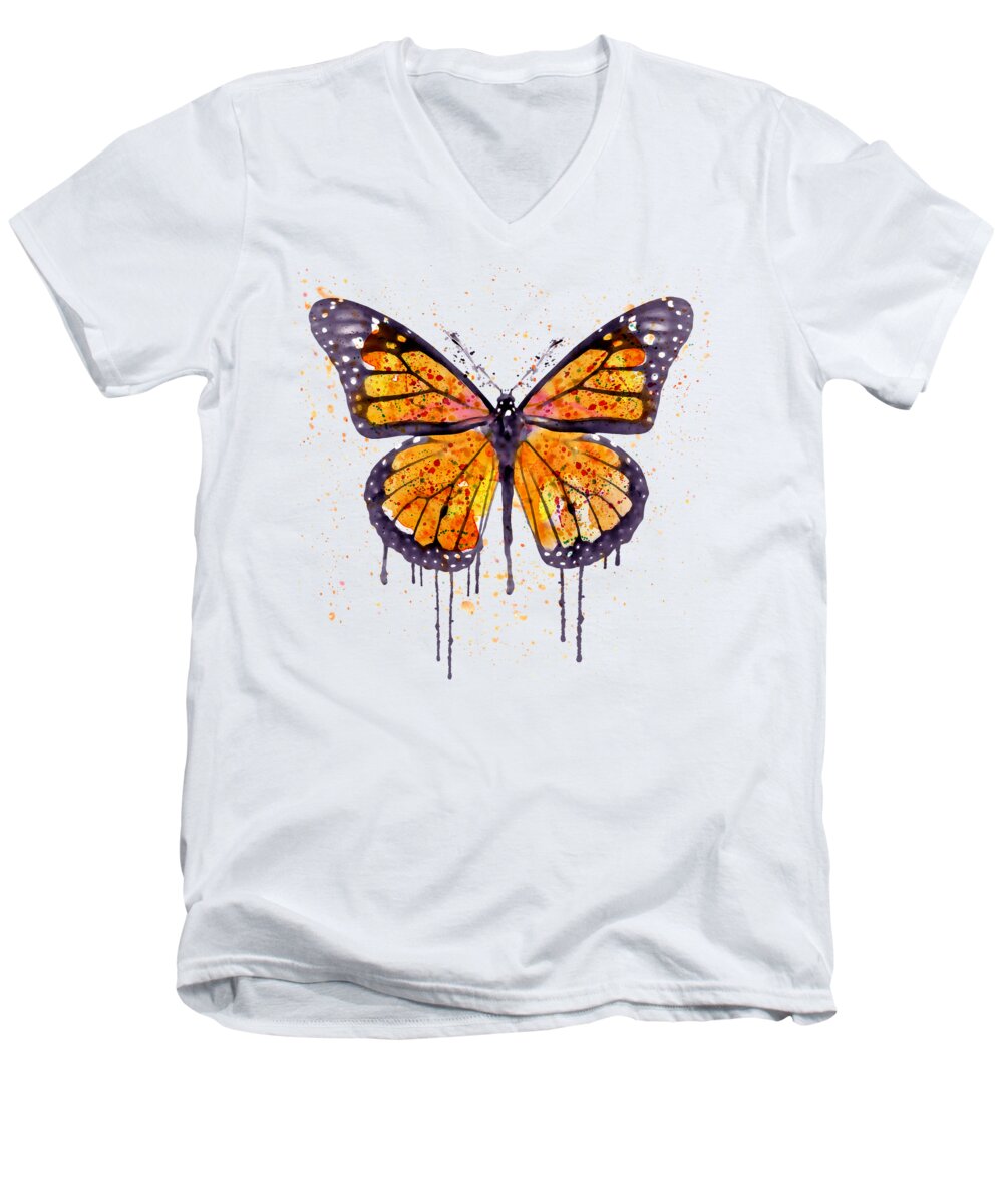 Marian Voicu Men's V-Neck T-Shirt featuring the painting Monarch Butterfly watercolor by Marian Voicu