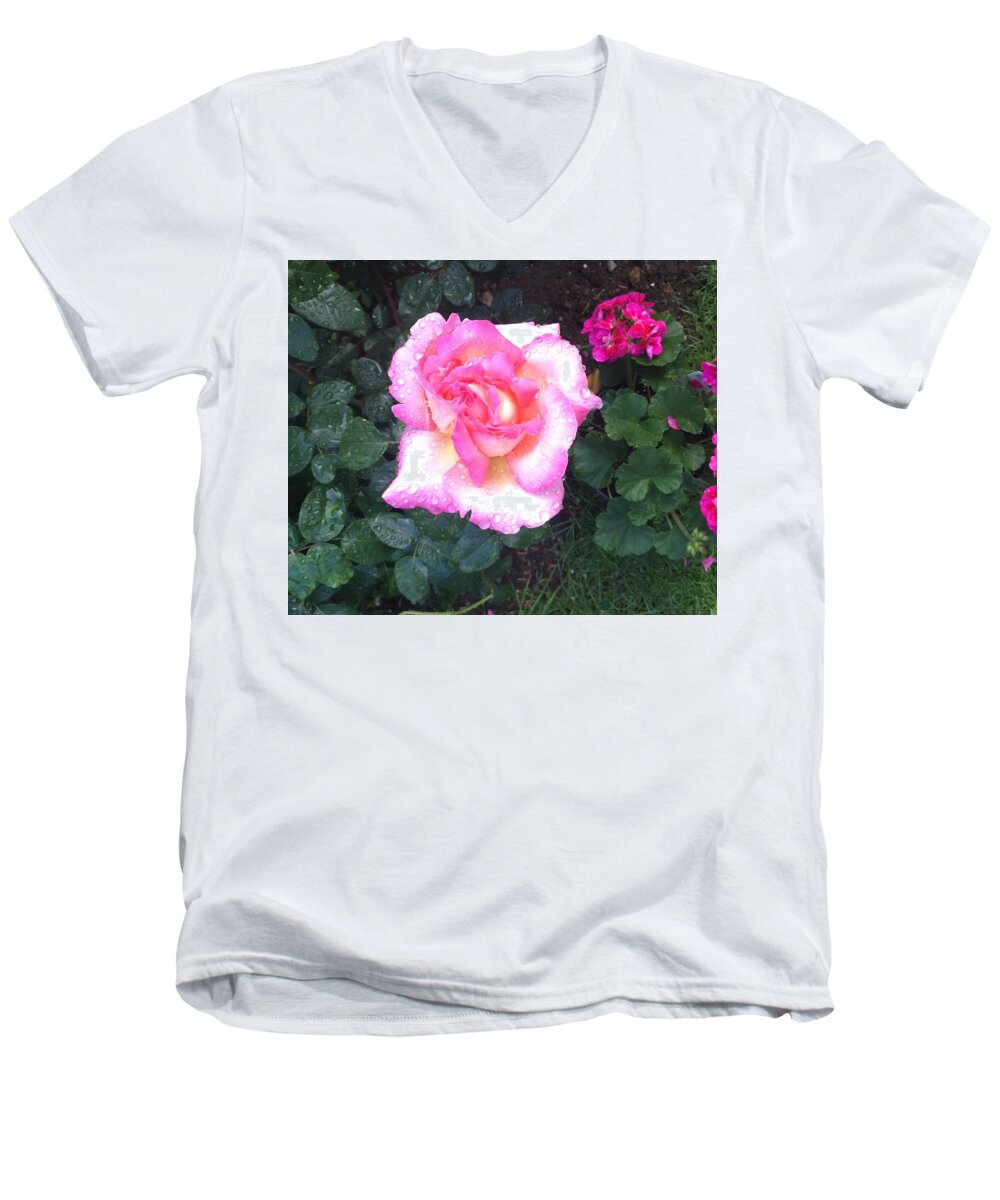 Pink Rose Men's V-Neck T-Shirt featuring the photograph Morning Rose by Kim Prowse