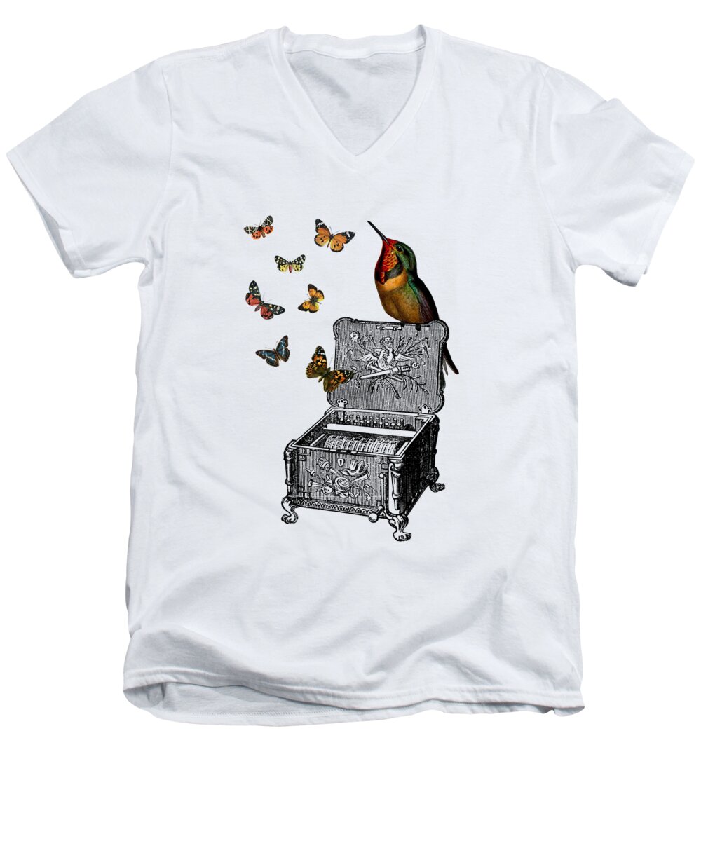 Bird Men's V-Neck T-Shirt featuring the digital art Music Box With Hummingbird And Butterflies by Madame Memento