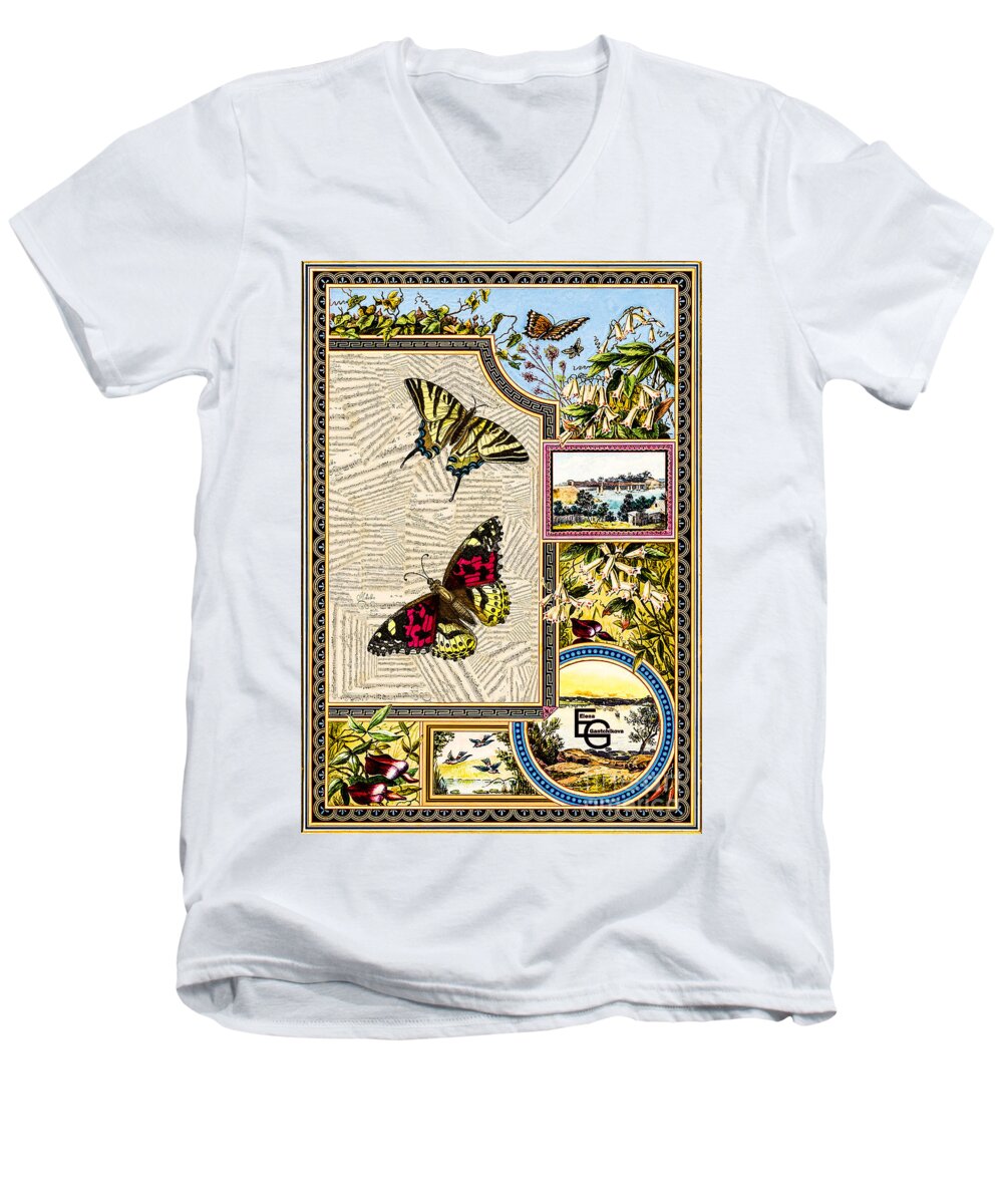 Musical Score Men's V-Neck T-Shirt featuring the mixed media Musical score in a frame of flowers, lilies, bells with butterflies, insects, grasshopper by Elena Gantchikova