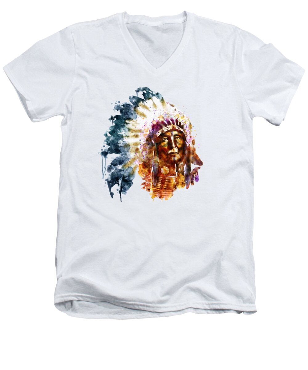 American Indian Men's V-Neck T-Shirt featuring the painting Native American Chief by Marian Voicu