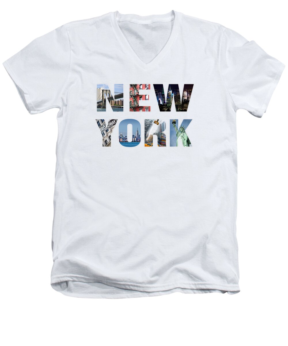 New York Men's V-Neck T-Shirt featuring the photograph NEW YORK typography by Delphimages Photo Creations