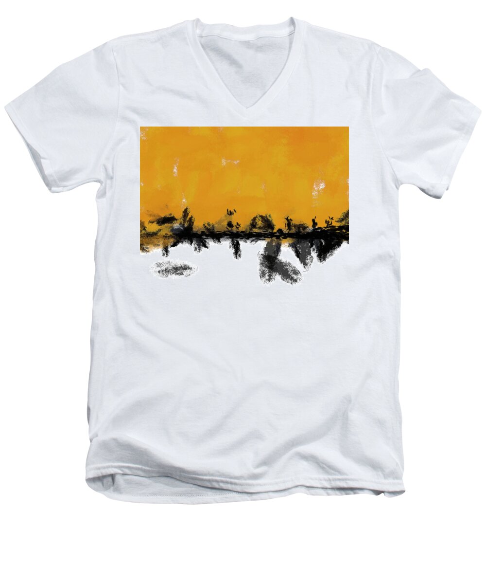 Odessa Men's V-Neck T-Shirt featuring the digital art Odessa 1 - Minimal Abstract Painting in Yellow, Black and White by Studio Grafiikka