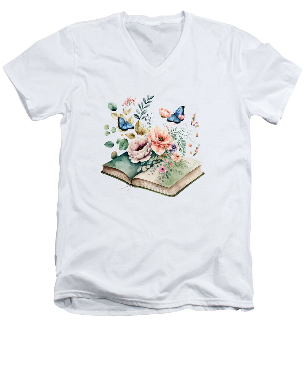 Book Men's V-Neck T-Shirt featuring the mixed media Opening A Book Is Like Opening A Door To A New Magical World by Johanna Hurmerinta