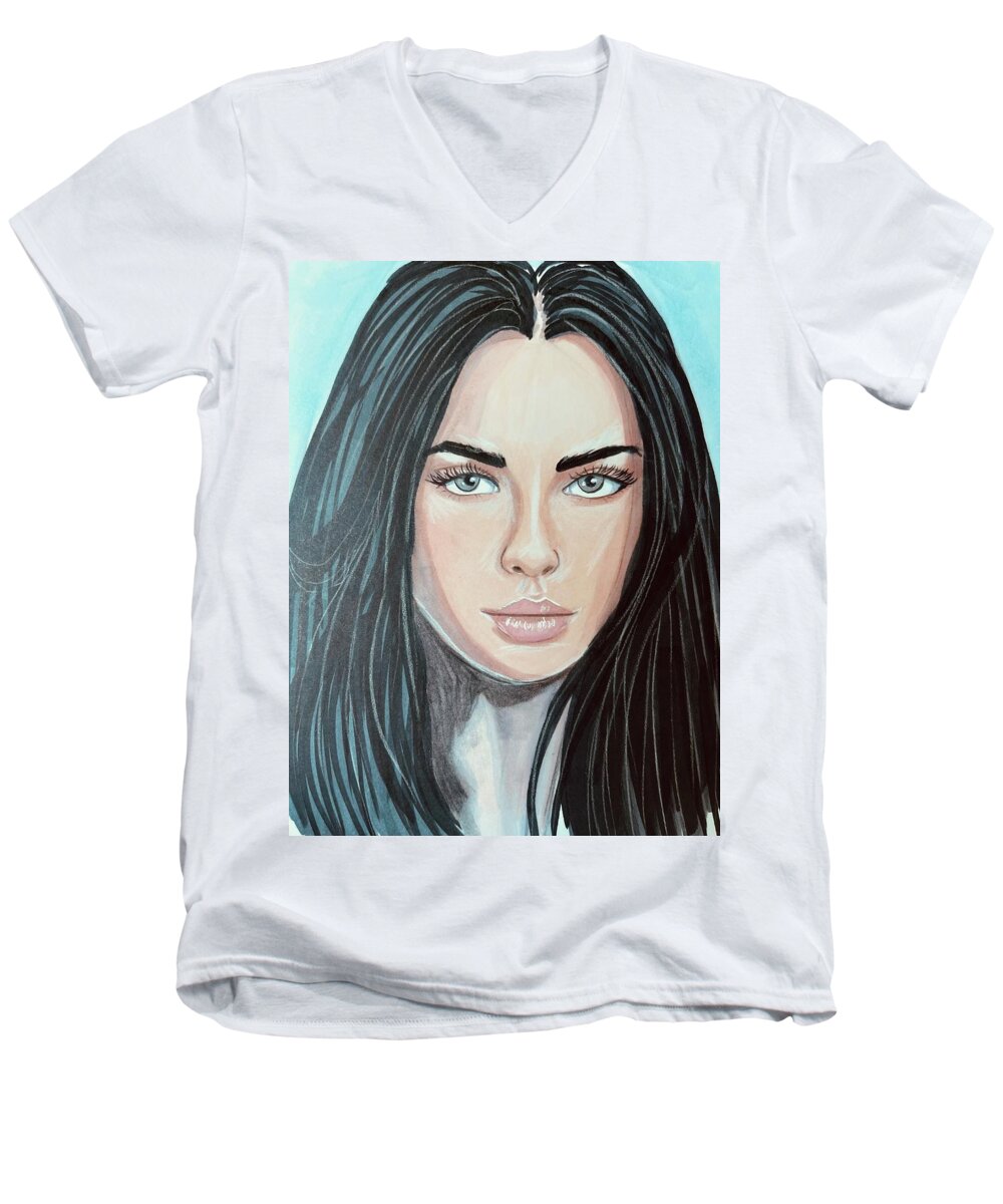Oraya Men's V-Neck T-Shirt featuring the drawing Oraya by Rebecca Wood