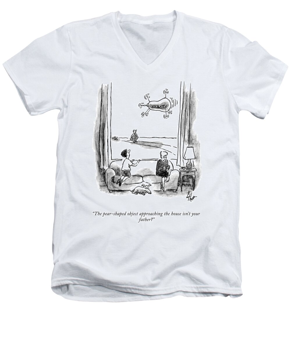 the Pear-shaped Object Approaching The House Isn't Your Father? Men's V-Neck T-Shirt featuring the drawing Pear Shaped Object by Frank Cotham
