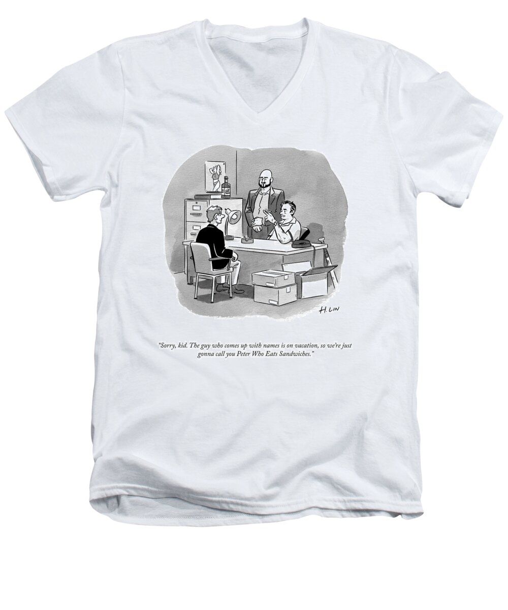 sorry Men's V-Neck T-Shirt featuring the drawing Peter Who Eats Sandwiches by Hartley Lin