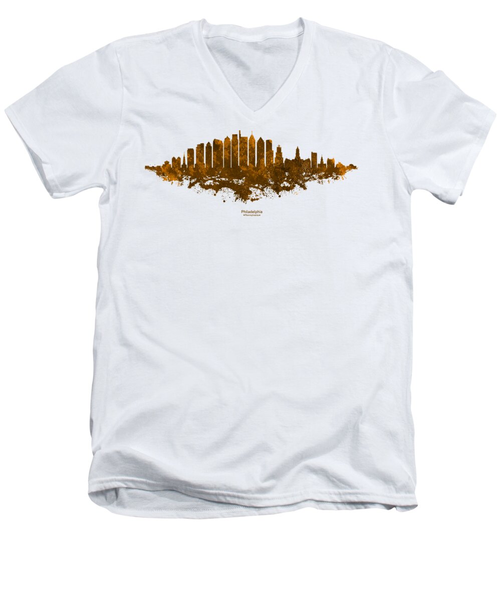 Philadelphia Men's V-Neck T-Shirt featuring the digital art Philadelphia Skyline - Orange Watercolor on White Background with Caption by SP JE Art